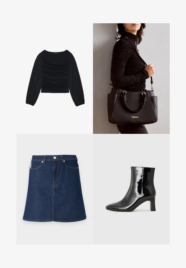 Juodas ilgomis rankovėmis viršus, su surinkta medžiaga priekyje ir ant riešų, pagamintas iš minkštos, elastingos medžiagos, su laivagalio kaklu.; Tamsiai mėlyna džinsinė sijoninė A formos sukne, turinti priekinį užtrauktuką, penkias kišenes ir kontrastingą oranžinę siuvinėjimą.; Juodos lakuotos odinės aulinukės su smailiu pirštu ir vidutinio aukščio blokuotu kulnu. Lygus paviršius ir minimalistinis dizainas.; Juodas rankinės maišelis su struktūrizuota paviršiumi, dvigubais viršutiniais rankenėlėmis ir reguliuojamu peties diržu. Įrengtas aukso spalvos furnitūra ir šoninės kišenės.