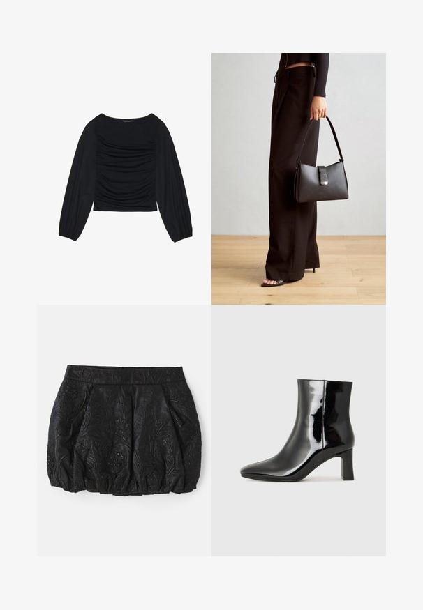 Top noir à manches longues présentant un détail de tissu froncé à l'avant et aux poignets, fabriqué en matière douce et extensible avec un col bateau.; Jupe en cuir noir avec un motif floral en relief, des plis froncés et une taille lisse. Dotée d'une fermeture éclair dissimulée à l'arrière.; Bottines en cuir verni noir avec un bout pointu et un talon block de hauteur moyenne. Texture lisse et design minimaliste.; Sac à main noir à la forme structurée, texture lisse et fermoir métallique. Associé à un pantalon noir ample et des sandales ouvertes sur un sol en bois.