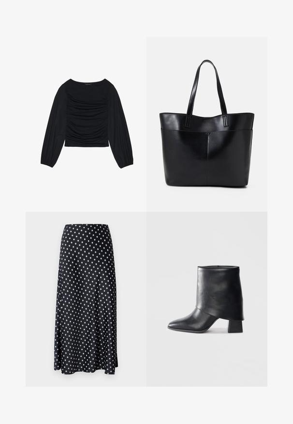 Črn top z dolgimi rokavi, ki se ponaša z nabranimi detajli na sprednji strani in zapestjih. Narejen je iz mehkega, raztegljivega materiala z obliko čolnastega izreza.; Mornarsko modra krila s pikicami, ki ima gladko, tekočo tkanino, srednjo dolžino in visok pas s stranskim razporkom.; Črne usnjene gležnjarje z izostrenim prstom, gladko teksturo in trdnimi blokastimi petami. Imajo visok, zložen manšeti.; Črna usnjena torba z dvema dolgima ročajema, gladko teksturo in strukturirano obliko. Ima sprednji žep za dodatno shranjevanje.