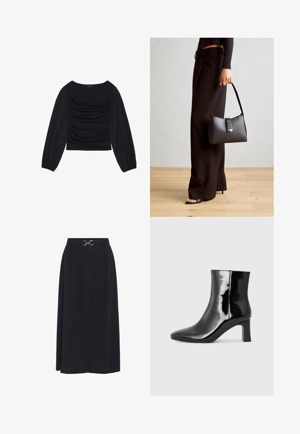 Top noir à manches longues présentant un détail de tissu froncé à l'avant et aux poignets, fabriqué en matière douce et extensible avec un col bateau.; Jupe noire, longueur genou, fabriquée en tissu lisse, dotée d'une taille haute avec une boucle argentée et de plis pour plus de dimension.; Bottines en cuir verni noir avec un bout pointu et un talon block de hauteur moyenne. Texture lisse et design minimaliste.; Sac à main noir à la forme structurée, texture lisse et fermoir métallique. Associé à un pantalon noir ample et des sandales ouvertes sur un sol en bois.