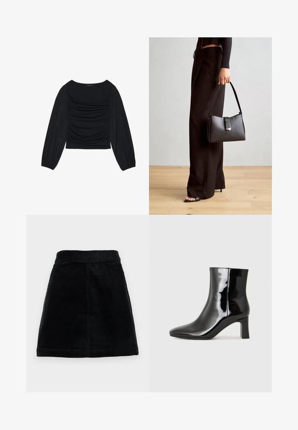 Top lung cu maneci lungi, de culoare neagră, având detalii din material plisat în față și la încheieturi, realizat dintr-un material moale și elastic, cu decolteu tip barcă.; Fustă din bumbac corduros de culoare neagră, cu talie ajustată, croi drept și țesătură texturată cu nervuri verticale. Fără închideri sau accesorii vizibile.; Botine negre din piele lacuită, cu vârful ascuțit și toc bloc de înălțime medie. Textură netedă și design minimalist.; Genți negre cu o formă structurată, textură netedă și un închizător metalic. Asortată cu pantaloni negri largi și sandale cu vârf deschis pe un podea din lemn.