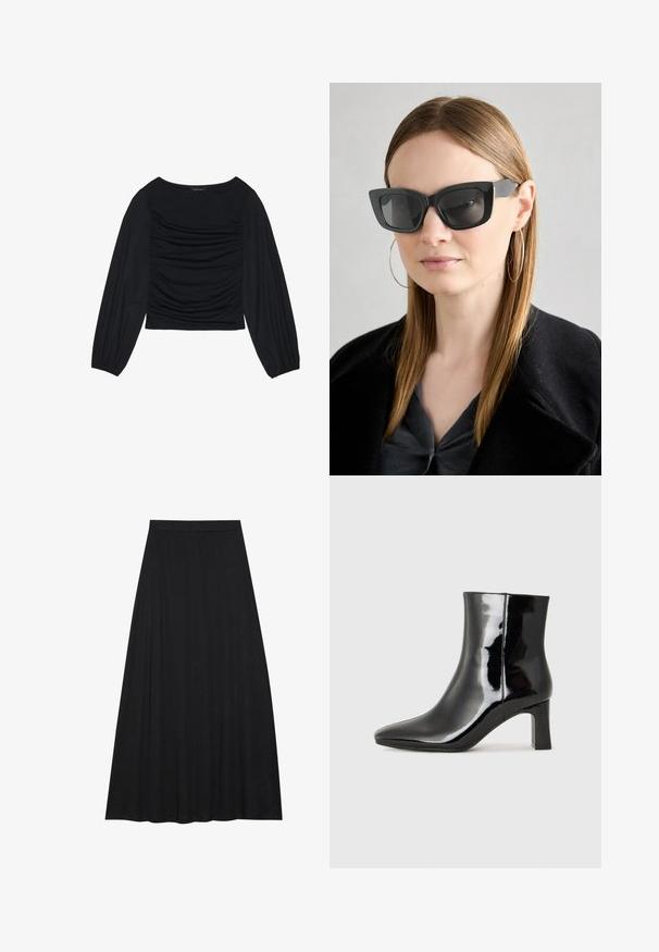 Top nero a maniche lunghe con dettaglio di tessuto arricciato sul davanti e ai polsi, realizzato in materiale morbido ed elasticizzato con scollatura a barca.; Maxi gonna nera realizzata in tessuto morbido e fluido. Presenta un elastico in vita e una silhouette A-line ampia con una texture liscia.; Stivaletto in pelle verniciata nera con punta a punta e tacco a blocco di altezza media. Texture liscia e design minimalista.; Occhiali da sole a forma di occhio di gatto neri con lenti scure, montatura spessa e dettagli sottili. Indossati con un cappotto nero e una maglia grigia, con capelli lunghi e lisci.