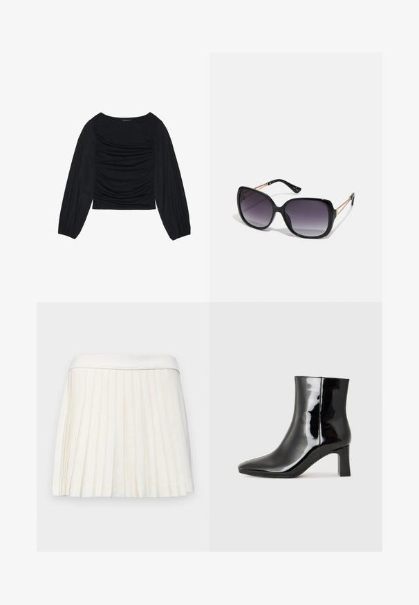 Top noir à manches longues présentant un détail de tissu froncé à l'avant et aux poignets, fabriqué en matière douce et extensible avec un col bateau.; Jupe plissée blanche avec une taille lisse, fabriquée en tissu léger. Les plis créent de la texture et de la dimension sur l'ensemble du vêtement.; Bottines en cuir verni noir avec un bout pointu et un talon block de hauteur moyenne. Texture lisse et design minimaliste.; Lunettes de soleil noires surdimensionnées avec des verres dégradés, monture épaisse et détails en chaîne dorée sur les branches.; Sac à main noir à la forme structurée, texture lisse et fermoir métallique. Associé à un pantalon noir ample et des sandales ouvertes sur un sol en bois.
