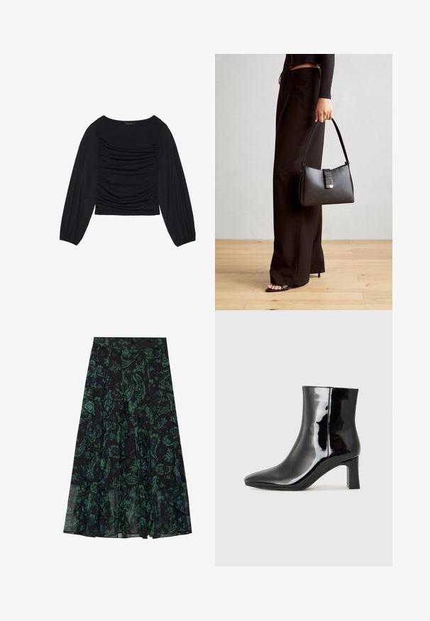 Črn top z dolgimi rokavi, ki se ponaša z nabranimi detajli na sprednji strani in zapestjih. Narejen je iz mehkega, raztegljivega materiala z obliko čolnastega izreza.; Črna krila z zelenim cvetličnim vzorcem, ki ima nabrane robove in naborke. Narejena iz lahkega materiala, ki nudi tekoč silhuet.; Črne lakirane gležnjarje z ošiljenim nosom in srednje visokim blokastim peto. Gladka tekstura in minimalističen dizajn.; Črna torbica z strukturirano obliko, gladko teksturo in kovinskim zaponko. Ujemajo se z širokimi črnimi hlačami in odprtimi sandali na lesenem tleh.