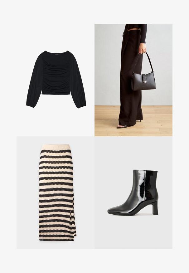 Top noir à manches longues présentant un détail de tissu froncé à l'avant et aux poignets, fabriqué en matière douce et extensible avec un col bateau.; Jupe crayon en tricot avec des rayures horizontales noires et beiges, dotée d'une texture ondulée et d'une fente sur le côté pour une touche supplémentaire.; Bottines en cuir verni noir avec un bout pointu et un talon block de hauteur moyenne. Texture lisse et design minimaliste.; Sac à main noir à la forme structurée, texture lisse et fermoir métallique. Associé à un pantalon noir ample et des sandales ouvertes sur un sol en bois.