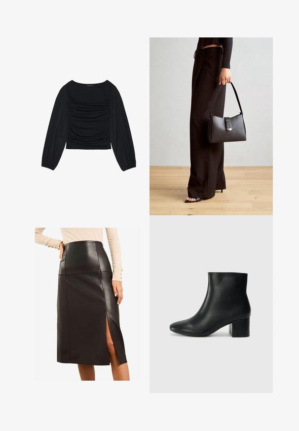 Melna garā piedurkne tops ar savilktām auduma detaļām priekšā un pie plaukstām, izgatavots no mīksta, elastīga materiāla ar laivu kakla izgriezumu.; Melna ādas midi svārki ar augstu jostasvietu, kas satur sānu izgriezumu, gludu dizainu, gludu tekstūru un bez redzamām aksesuāru detaļām.; Melna ādas potīšu zābaki ar smailu purngalu un masīlu papēdi. Gluda tekstūra ar minimāliem akcentiem un gludu, pieguļošu dizainu.; Melnā somiņa ar strukturētu formu, gludu tekstūru un metālu sprādzi. Saskaņota ar platām melnām biksēm un sandālēm ar atvērtu purngalu uz koka grīdas.