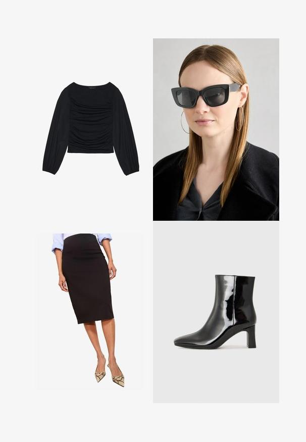 Čierny top s dlhým rukávom s drapovaným detailom na prednej časti a zápästiach, vyrobený z mäkkého, elastického materiálu s lodným výstrihom.; Čierna ceruzková sukňa z hladkej tkaniny, dĺžky po stred členkov, v kombinácii s lodičkami s hadou potlačou a špicatou špičkou, s elegantným siluetou.; Čierne lakované členkové topánky s špicatou špičkou a stredne vysokým blokovým podpätkom. Hladká textúra a minimalistický dizajn.; Čierne mačacie slnečné okuliare s tmavými sklami, hrubými obručami a jemnými detailami. Nosí sa s čiernym kabátom a sivým topom, pričom má dlhé rovné vlasy.