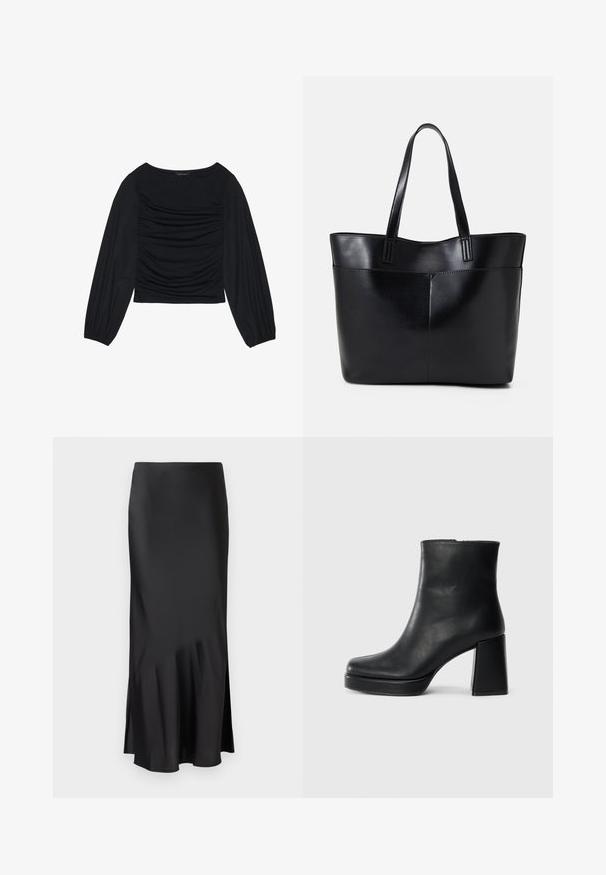 Musta pitkähihainen paita, jossa on kyynärpäissä ja edessä rypytetty kangasdetalji. Valmistettu pehmeästä, joustavasta materiaalista ja avokorcista kaula-aukosta.; Musta satiinimidihelma, jossa on tyylikäs muotoilu, hienovarainen flare helman kohdalla ja sivuaukko liikkumisen helpottamiseksi. Sujuva rakenne.; Musta nahkasaapas nilkkapituisena, jossa on paksu korko ja alustapohja, nähtynä sivulta yksinkertaisella valkoisella taustalla.; Musta nahkainen kassi, jossa on kaksi pitkää kahvaa, sileä pinta ja jämäkkä muoto. Sisältää etutaskun lisävarastointia varten.