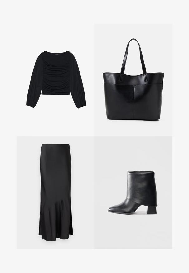 Top negro de manga larga con detalle de tela fruncida en la parte delantera y en las muñecas, confeccionado en un material suave y elástico con escote barco.; Falda midi de satén negro con un diseño elegante, que presenta un ligero vuelo en el dobladillo y una abertura lateral para facilitar el movimiento. Textura suave.; Bota de cuero negro hasta el tobillo con punta afilada, textura suave y un tacón bloque estructurado. Presenta un diseño de puño alto y doblado.; Bolso tote de cuero negro con dos asas largas, textura suave y forma estructurada. Cuenta con un bolsillo frontal para almacenamiento adicional.
