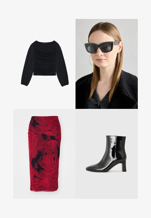 Črn top z dolgimi rokavi, ki se ponaša z nabranimi detajli na sprednji strani in zapestjih. Narejen je iz mehkega, raztegljivega materiala z obliko čolnastega izreza.; Rdeča svila krilo iz raztegljivega materiala, ki prikazuje cvetlični vzorec vrtnic v različnih odtenkih rdeče in črne barve, z gladko teksturo.; Črne lakirane gležnjarje z ošiljenim nosom in srednje visokim blokastim peto. Gladka tekstura in minimalističen dizajn.; Črne mačje očala s temnimi lečami, debelimi okvirji in subtilnimi detajli. Oblečena z črnim plaščem in sivim zgornjim delom, z dolgimi ravnimi lasmi.