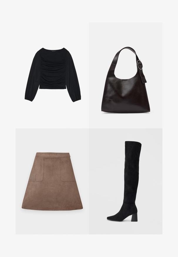 Top preto de manga longa com detalhe de tecido franzido na parte da frente e nos pulsos, feito de material suave e elástico com decote à barco.; Saia em camurça castanha em formato A, com uma textura suave, apresentando dois bolsos frontais e uma cintura sem costura, projetada para um comprimento acima do joelho.; Bota de camurça preta até ao joelho com salto bloco, bico fino e design suave e sem costuras sobre um fundo claro.; Bolsa de ombro em pele castanha com uma textura suave, forma arredondada, alça larga e um detalhe metálico circular na pega.