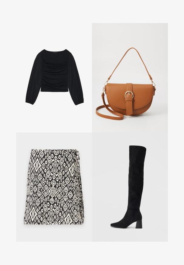 Musta pitkähihainen paita, jossa on kyynärpäissä ja edessä rypytetty kangasdetalji. Valmistettu pehmeästä, joustavasta materiaalista ja avokorcista kaula-aukosta.; Mustavalkoinen laukku, jossa on geometrinen timanttikuosi, valmistettu teksturoitua pintaa omaavasta kankaasta. Varustettu läppäavauksella.; Musta samettinen polvipitkä saapas, jossa on lohkarekorko, terävä nilkka ja sileä, saumatonta muotoilua tasaisella vaalealla taustalla.; Ruskean nahkainen olkalaukku, jossa on kaareva muoto, kultaiset yksityiskohdat ja solkiyksityiskohta. Varustettu irrotettavalla olkahihnalla.