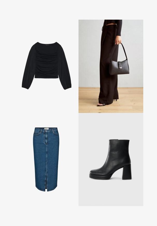 Top lung cu maneci lungi, de culoare neagră, având detalii din material plisat în față și la încheieturi, realizat dintr-un material moale și elastic, cu decolteu tip barcă.; Fustă tip creion din denim de culoare albastru închis, cu o fanta frontală, cinci buzunare și cusături contrastante. Talie medie cu un design clasic.; Botină din piele neagră, cu toc pătrat și talpă platformă, văzută din lateral pe un fundal alb simplu.; Genți negre cu o formă structurată, textură netedă și un închizător metalic. Asortată cu pantaloni negri largi și sandale cu vârf deschis pe un podea din lemn.