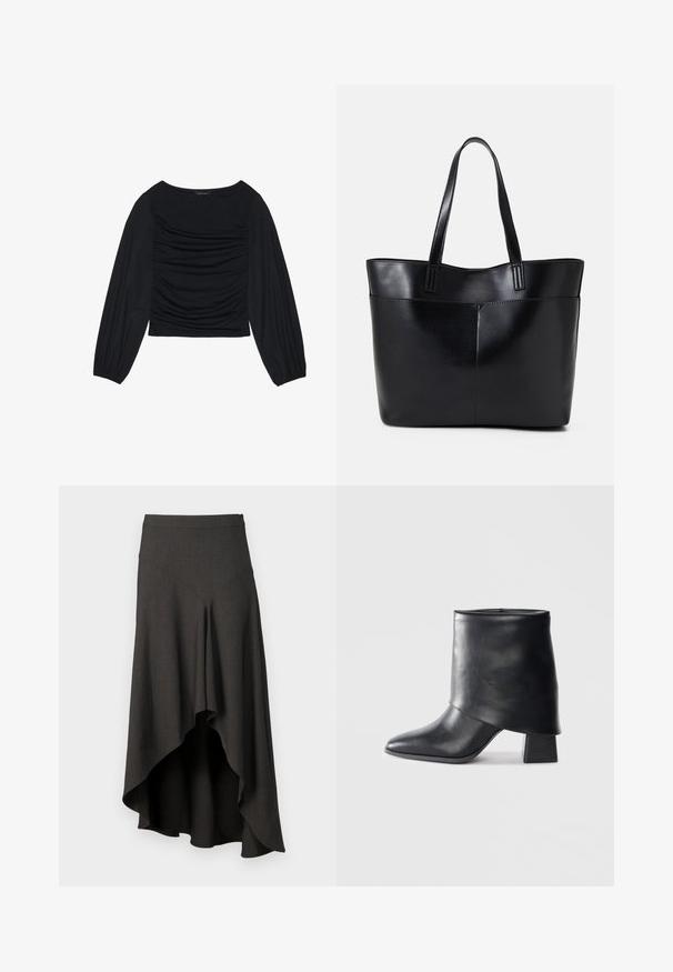 Melna garā piedurkne tops ar savilktām auduma detaļām priekšā un pie plaukstām, izgatavots no mīksta, elastīga materiāla ar laivu kakla izgriezumu.; Tumši pelēkā augstās jostas svārki ar asimetrisku apakšmalu. Izgatavoti no gludas auduma, ar smalku tekstūru un tīru siluetu. Aizdare ar rāvējslēdzēju.; Melnas ādas potītes zābaki ar norādītu purngalu, gludu tekstūru un strukturētu blokveida papēdi. Iezīmē augstu, salocītu apkakles dizainu.; Melnas ādas iepirkumu soma ar divām garām rokturām, gludu tekstūru un strukturētu formu. Iekļauj priekšējo kabatu papildu uzglabāšanai.