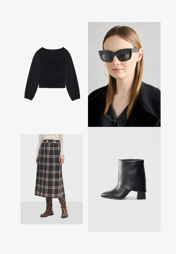 Top negro de manga larga con detalle de tela fruncida en la parte delantera y en las muñecas, confeccionado en un material suave y elástico con escote barco.; Falda midi a cuadros en azul marino y beige, con pliegues y cierre de botón en la cintura, combinada con botas de caña alta marrones.; Bota de cuero negro hasta el tobillo con punta afilada, textura suave y un tacón bloque estructurado. Presenta un diseño de puño alto y doblado.; Gafas de sol de gato negro con lentes oscuros, montura gruesa y acentos sutiles. Llevadas con un abrigo negro y una blusa gris, presentando cabello largo y liso.