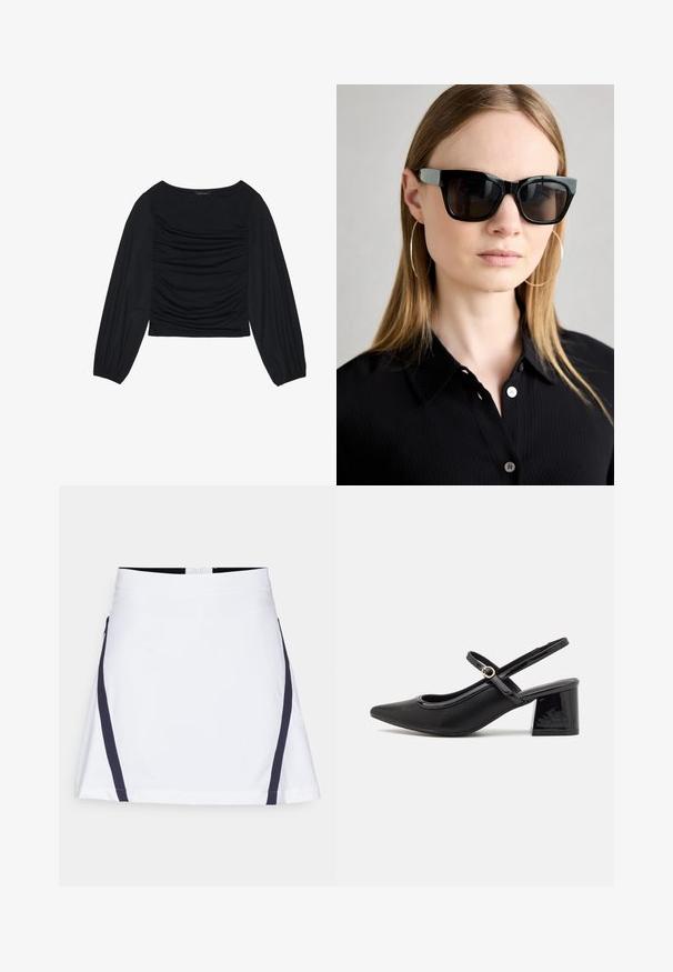 Top negro de manga larga con detalle de tela fruncida en la parte delantera y en las muñecas, confeccionado en un material suave y elástico con escote barco.; Falda blanca con un diseño acampanado, que presenta rayas laterales en color azul marino. Está fabricada en algodón, tiene un acabado texturado y un cierre con cremallera en la parte posterior.; Tacones slingback de charol negro con punta afilada, un diseño de corte redondeado y tacón bloque. Incluye un detalle de hebilla en tono dorado.; Gafas de sol rectangulares negras con acabado brillante, acento plateado en las patillas, usadas por un modelo con cabello largo y liso y una camiseta negra.; Bolso negro con forma estructurada, textura suave y un cierre metálico. Combinado con pantalones anchos negros y sandalias de dedo en un suelo de madera.