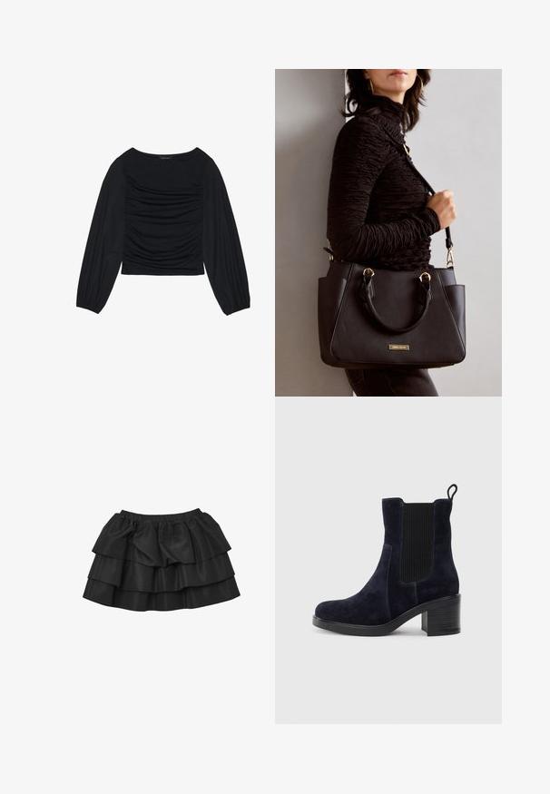 Top nero a maniche lunghe con dettaglio di tessuto arricciato sul davanti e ai polsi, realizzato in materiale morbido ed elasticizzato con scollatura a barca.; Gonna nera a strati con tre livelli, realizzata in morbido tessuto di satin, con una vita elastica per una vestibilità comoda.; Stivaletti alla caviglia in camoscio blu navy con pannello elastico laterale, punta tonda e tacco a blocco. Il tessuto testurizzato e la suola liscia aggiungono contrasto.; Borsa nera con superficie texturizzata, manici superiori doppi e tracolla regolabile. Dotata di hardware color oro e tasche laterali.