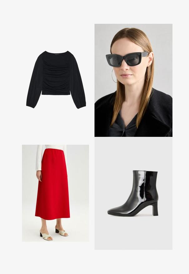 Melna garā piedurkne tops ar savilktām auduma detaļām priekšā un pie plaukstām, izgatavots no mīksta, elastīga materiāla ar laivu kakla izgriezumu.; Sarkans A līnijas svārki, kas izgatavoti no gludas auduma ar elastīgu jostasvietu. Apvienoti ar krēmkrāsas slīdējošām kurpēm ar mezgla detaļu.; Melnas patentētas ādas potīšu zābaki ar norādītu pirkstu un vidēja augstuma kvadrātveida papēdi. Gluda tekstūra un minimālisma dizains.; Melna kaķa acs saulesbrilles ar tumšiem objektīviem, bieziem rāmjiem un smalkiem akcentiem. Valkātas ar melnu mēteļi un pelēku augšu, ar garām taisnām matiem.