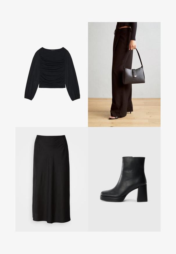 Crna bluzica dugih rukava s naboranim detaljima na prednjem dijelu i na zapešćima, izrađena od mekog, rastezljivog materijala s izrezom u obliku čamca.; Crna midi suknja napravljena od mekog, laganog materijala. Ima glatki elastični pojas i lepršavi siluetu sa blago A-linijskim oblikom.; Crna kožna čizma do gležnja s blok petom i platformom, prikazana s bočne strane na jednostavnoj bijeloj pozadini.; Crna torba s oblikom koji sadrži strukturu, glađu teksturu i metalnu kopču. Uparena s širokim crnim hlačama i sandalama na otvorenom s drvenog poda.