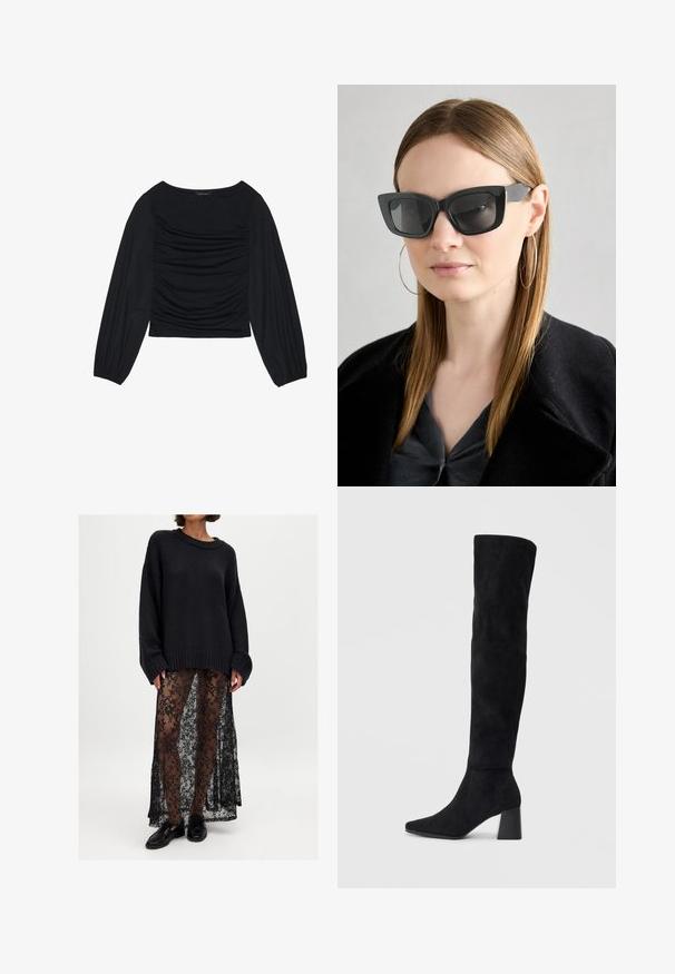 Must mustaga, millel on ees ja randmetel kokku tõmmatud kangadetailid, valmistatud pehmest ja venivast materjalist ning paadi kaelusega.; Liialine musta kudumisega sviiter, millel on ribatud äär, on kokku sobitatud läbipaistva musta pitsseelikuga, millel on lillemuster. Mustad jalanõud lõpetavad välimuse.; Must must ümberpööratud musta nahast põlve kõrgune saapad blokknõelaga, terava varbaga ja sujuva, õmblusteta disainiga, asetatud heledale taustale.; Must musta prillid tumedate läätsedega, paksude raamidega ja tagasihoidlike aktsentidega. Kantud musta jope ja halli särkiga, pikki sirgeid juukseid kandes.