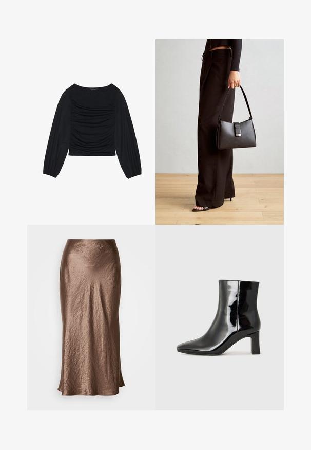 Juodas ilgomis rankovėmis viršus, su surinkta medžiaga priekyje ir ant riešų, pagamintas iš minkštos, elastingos medžiagos, su laivagalio kaklu.; Bronzinės spalvos, vidutinio ilgio sijonas, pagamintas iš raukšlėtos medžiagos; lygus paviršius su nedideliu blizgesiu; subtilus išsiplėtimas apačioje.; Juodos lakuotos odinės aulinukės su smailiu pirštu ir vidutinio aukščio blokuotu kulnu. Lygus paviršius ir minimalistinis dizainas.; Juodas rankinė struktūrizuota forma, lygi tekstūra ir metalinis užsegimas. Suporuota su plačiomis juodomis kelnėmis ir atvirais bateliais ant medinių grindų.