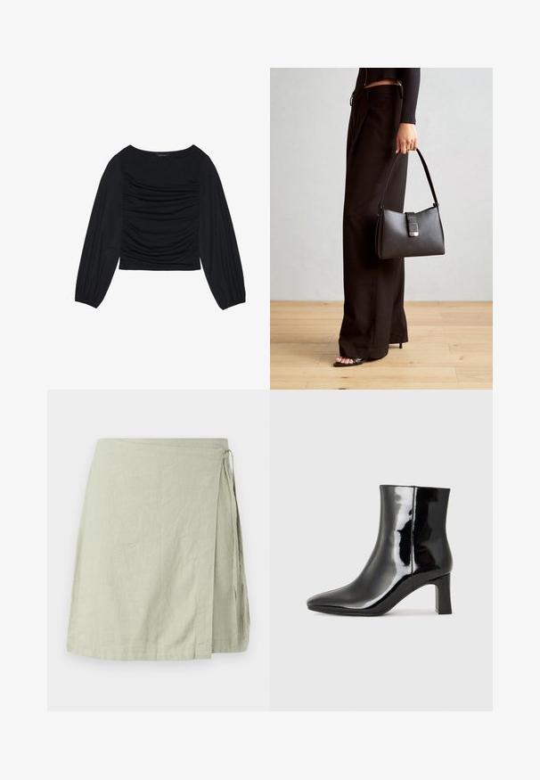 Schwarzes Langarmoberteil mit gerafftem Stoffdetail an der Vorderseite und an den Handgelenken, aus weichem, elastischem Material mit einem U-Boot-Ausschnitt.; Wickelrock aus leichtem, strukturiertem Gewebe in einem sanften Grünton, mit einer Bindeschließe an der Seite und einem geraden Saum.; Schwarzer Lackleder-Stiefelette mit spitzer Zehe und einem mittelhohen Blockabsatz. Glatte Textur und minimalistisches Design.; Schwarze Handtasche mit strukturierter Form, glatter Textur und einem metallischen Verschluss. Kombiniert mit weiten schwarzen Hosen und offenen Sandalen auf einem Holzboden.