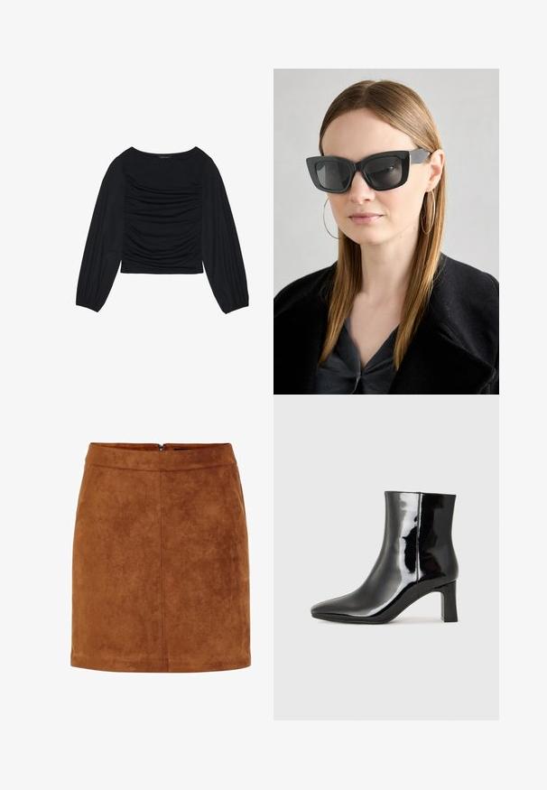 Czarna bluzka z długim rękawem, z marszczonym detalem z przodu i przy nadgarstkach, wykonana z miękkiego, elastycznego materiału z dekoltem w łódkę.; Brązowa zamszowa mini spódnica o gładkiej fakturze, prostym kroju i dyskretnym zamkiem błyskawicznym z tyłu. Posiada szwy, które nadają jej strukturę.; Czarne lakierowane botki za kostkę z wysmukłym noskiem i średniej wysokości obcasem w kształcie słupka. Gładka tekstura i minimalistyczny design.; Czarne okulary w kocim kształcie z ciemnymi soczewkami, grubymi oprawkami i subtelnymi akcentami. Noszone z czarnym płaszczem i szarym topem, z długimi prostymi włosami.