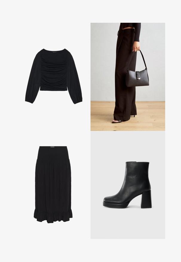Čierny top s dlhým rukávom s drapovaným detailom na prednej časti a zápästiach, vyrobený z mäkkého, elastického materiálu s lodným výstrihom.; Čierna midi sukňa so smockovaným pásom, vyrobená z ľahkého materiálu, s plisovaním a volánom na leme pre zvýraznenie detailu.; Čierne kožené členkové topánky s blokovým podpätkom a platformovou podrážkou, zobrazené z boku na bielom pozadí.; Čierna kabelka so štruktúrovaným tvarom, hladkou textúrou a kovovou sponou. V kombinácii so širokými čiernymi nohavicami a sandálmi s otvorenou špičkou na drevenej podlahe.