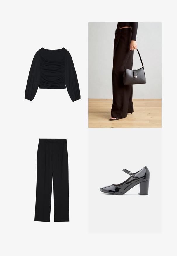 Čierny top s dlhým rukávom s drapovaným detailom na prednej časti a zápästiach, vyrobený z mäkkého, elastického materiálu s lodným výstrihom.; Čierne nohavice so strihom rovného nohu, s dvoma prednými vreckami a pásom. Vyrobené z hladkej, ľahkej textílie.; Čierna lakovaná vysoká topánka na podpätku s okrúhlou špičkou, členkovým remienkom a blokovým podpätkom. Lesklý povrch s hladkou textúrou.; Čierna kabelka so štruktúrovaným tvarom, hladkou textúrou a kovovou sponou. V kombinácii so širokými čiernymi nohavicami a sandálmi s otvorenou špičkou na drevenej podlahe.
