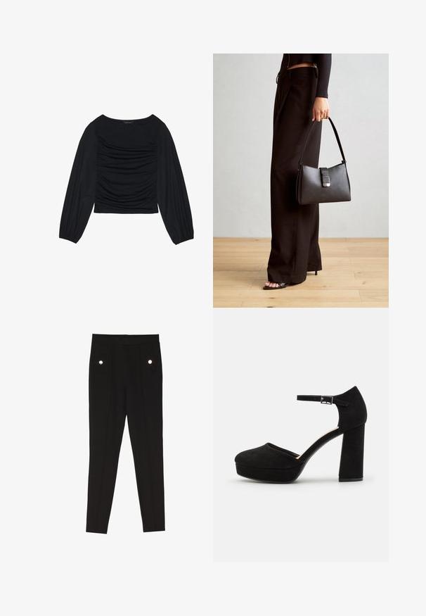 Svart langermet topp med rynket stoffdetalj foran og ved håndleddene, laget av mykt, elastisk materiale med båthals.; Sorte skreddersydde bukser med en glatt tekstur, som har to frontlommer med dekorative maskinvaredetaljer, og en slim-fit design.; Sorte semskede plattformhæler med en tykk blokkheel, avrundet tå og ankelreim som er festet med en metallspenne. Jevn tekstur gjennom hele.; Svart håndveske med strukturert form, jevn tekstur og metallisk lås. Kombinert med brede svarte bukser og sandaler med åpen tå på tregulv.