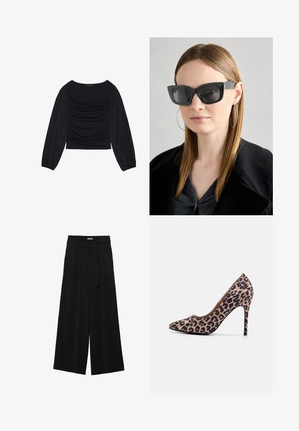 Black long-sleeve top featuring gathered fabric detail at the front and wrists, made of soft, stretchy material with a boat neckline.; Black wide-leg pants featuring a textured fabric, an elastic waistband, and a detachable sash tie at the waist for adjustable fit.; Leopard print high-heeled shoe with pointed toe, textured fabric, 10 cm stiletto heel, and smooth interior lining.; Black cat-eye sunglasses with dark lenses, thick frames, and subtle accents. Worn with a black coat and gray top, featuring long straight hair.