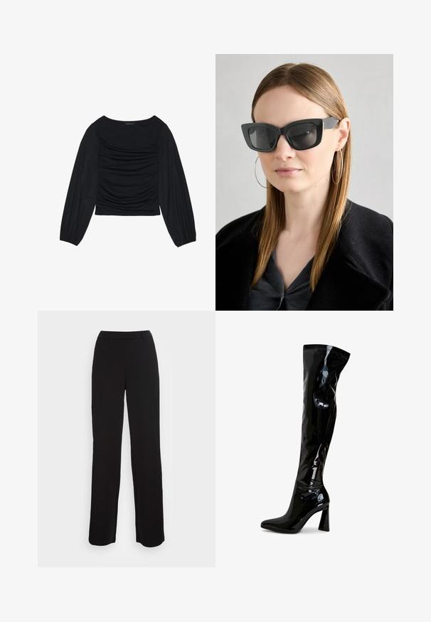 Top nero a maniche lunghe con dettaglio di tessuto arricciato sul davanti e ai polsi, realizzato in materiale morbido ed elasticizzato con scollatura a barca.; Pantaloni neri con design a gamba dritta, texture liscia e vita aderente. Presentano tasche frontali e dettagli di cucitura minimi.; Stivali neri sopra il ginocchio realizzati in pelle verniciata lucida, con un design elegante, punta affusolata e tacco a blocco.; Occhiali da sole a forma di occhio di gatto neri con lenti scure, montatura spessa e dettagli sottili. Indossati con un cappotto nero e una maglia grigia, con capelli lunghi e lisci.