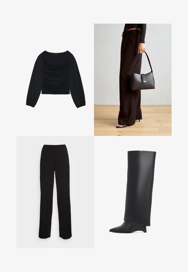 Czarna bluzka z długim rękawem, z marszczonym detalem z przodu i przy nadgarstkach, wykonana z miękkiego, elastycznego materiału z dekoltem w łódkę.; Czarne spodnie o prostym kroju, gładkiej fakturze i dopasowanej talii. Posiadają przednie kieszenie i minimalne detale szycia.; Czarne kozaki do kolan wykonane z gładkiej skóry, z wąskim noskiem i trójkątnym obcasem. Zaprojektowane z eleganckim, gładkim cholewką.; Czarna torebka o usztywnionym kształcie, gładkiej fakturze i metalowym zapięciem. Połączona z szerokimi czarnymi spodniami i sandałami na otwartym palcu na drewnianej podłodze.