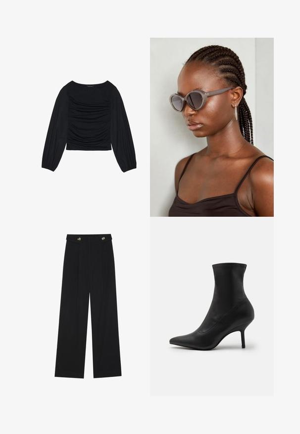 Top lung cu maneci lungi, de culoare neagră, având detalii din material plisat în față și la încheieturi, realizat dintr-un material moale și elastic, cu decolteu tip barcă.; Pantaloni negri cu picioare largi, talie înaltă, detalii cu butoane pe talie și pliseuri în față.; Anna Field Botine clasice - black; Ochelari de soare supradimensionați gri, cu formă rotundă și lentile închise la culoare. Rame din plastic elegante, cu un finisaj neted. Modelul are părul împletit.