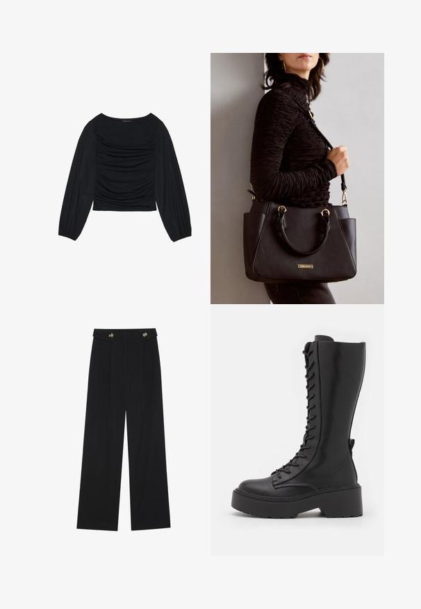 Svart langermet topp med rynket stoffdetalj foran og ved håndleddene, laget av mykt, elastisk materiale med båthals.; Svart vide bukser med høy midje, knappdetaljer på midjebåndet og frontplisser.; svarte knelengde snørestøvler med en klumpet plattformsåle, glatt skinnfinish og forsterket søm langs sømmene.; Svart håndveske med teksturert overflate, doble topphåndtak og justerbar skulderrem. Har detaljer i gulltone og sidelommer.