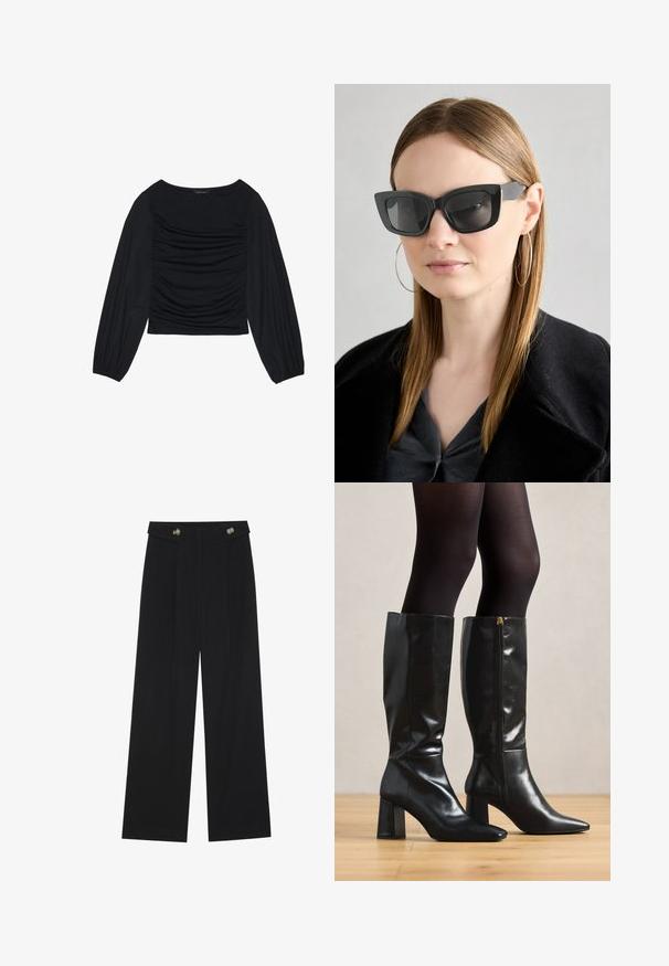 Czarna bluzka z długim rękawem, z marszczonym detalem z przodu i przy nadgarstkach, wykonana z miękkiego, elastycznego materiału z dekoltem w łódkę.; Czarne szerokie spodnie z wysokim stanem, z detalami w postaci guzików na pasku oraz plisami z przodu.; Czarne skórzane kozaki do kolan o błyszczącym wykończeniu, z wąskim noskiem i grubym obcasem. Zamek błyskawiczny z boku dla łatwego zakładania.; Czarne okulary w kocim kształcie z ciemnymi soczewkami, grubymi oprawkami i subtelnymi akcentami. Noszone z czarnym płaszczem i szarym topem, z długimi prostymi włosami.