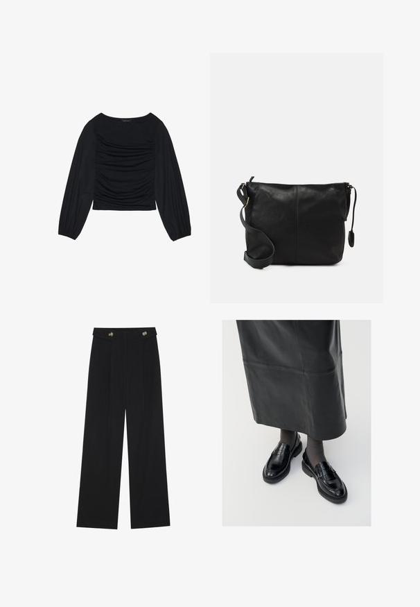 Black long-sleeve top featuring gathered fabric detail at the front and wrists, made of soft, stretchy material with a boat neckline.; Black wide-leg trousers with high waist, button details on waistband, and front pleats.; Black leather loafers with a smooth finish, featuring a decorative strap, round toe, and textured sole. Worn with a long black leather skirt.; Black leather crossbody bag with a flat shape, gold hardware accents, and an adjustable strap. Smooth texture with minimal stitching details.
