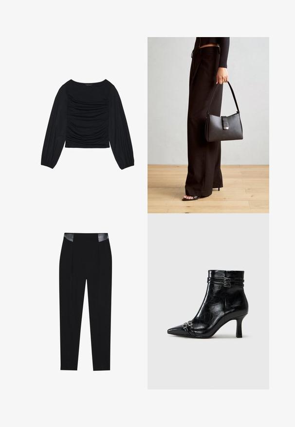 Čierny top s dlhým rukávom s drapovaným detailom na prednej časti a zápästiach, vyrobený z mäkkého, elastického materiálu s lodným výstrihom.; Čierne nohavice na mieru s elegantným dizajnom, plisovaním vpredu a lesklými čiernymi koženými akcentmi v oblasti pásu. Hladká textúra látky.; Tamaris Členkové čižmy s klinovým opätkom - black; Čierna kabelka so štruktúrovaným tvarom, hladkou textúrou a kovovou sponou. V kombinácii so širokými čiernymi nohavicami a sandálmi s otvorenou špičkou na drevenej podlahe.