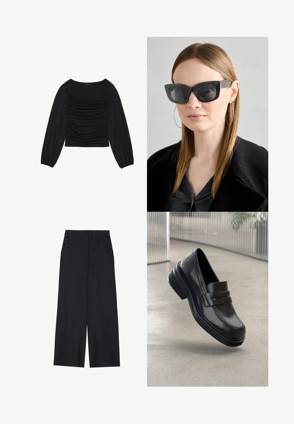 Black long-sleeve top featuring gathered fabric detail at the front and wrists, made of soft, stretchy material with a boat neckline.; Wide-leg trousers in dark navy fabric, featuring a smooth texture, front pleats, and decorative gold-tone eyelets on the side pockets.; Black leather loafer with a smooth finish, rounded toe, and a low heel. Features two strap accents across the instep.; Black cat-eye sunglasses with dark lenses, thick frames, and subtle accents. Worn with a black coat and gray top, featuring long straight hair.