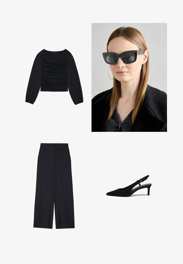 Musta pitkähihainen paita, jossa on kyynärpäissä ja edessä rypytetty kangasdetalji. Valmistettu pehmeästä, joustavasta materiaalista ja avokorcista kaula-aukosta.; Avokkaat housut tummansinisestä kankaasta, joissa on sileä texture, etu laskokset ja koristeelliset kultasävyiset nauhat sivutaskuissa.; Mustasudet slingback-kengät, joissa on terävä kärki, matala korko, avoin sivu ja säädettävä hihna metallisoljella. Sileä pinta.; Mustan kissakuvioisen aurinkolasit tummilla linsseillä, paksuilla kehyksillä ja hillityillä yksityiskohdilla. Yhdistetty mustaan takkiin ja harmaaseen paitoihin, joissa on pitkät suorat hiukset.