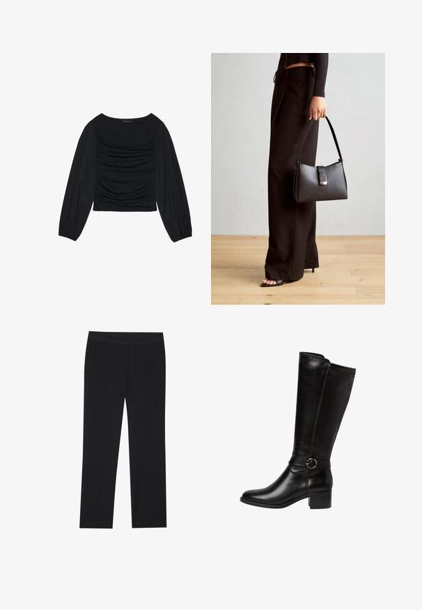 Schwarzes Langarmoberteil mit gerafftem Stoffdetail an der Vorderseite und an den Handgelenken, aus weichem, elastischem Material mit einem U-Boot-Ausschnitt.; Schwarze Hose mit geradem Schnitt, ausgestattet mit seitlichen Taschen und einer glatten Stofftextur. Minimale Details, sauberen Bund.; Schwarzes Lederstiefel bis zum Knie mit einer abgerundeten Zehe, einem dekorativen Riemen mit einer runden Schnalle und einem niedrigen Blockabsatz. Glatte, glänzende Textur.; Schwarze Handtasche mit strukturierter Form, glatter Textur und einem metallischen Verschluss. Kombiniert mit weiten schwarzen Hosen und offenen Sandalen auf einem Holzboden.