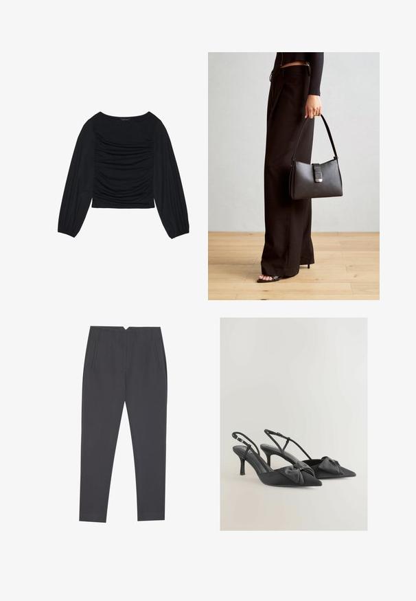 Fekete, hosszú ujjú felső, amely elől és a csuklónál ráncolt anyagrészletekkel rendelkezik, puha, rugalmas anyagból készült és csónaknyakú.; Sötétszürke, oldalzsebbel és elülső redőkkel ellátott, tapered fazonú nadrág, testhezálló szabással.; Fekete selyem slingback magas sarkú cipők hegyes orral, kis masnikkal a felső részen és karcsú sarkakkal. Állítható bokapánttal rendelkezik.; Fekete kézi táska strukturált formával, sima textúrával és fémből készült záródással. Széles fekete nadrággal és nyitott orrú szandállal párosítva, fából készült padlón.