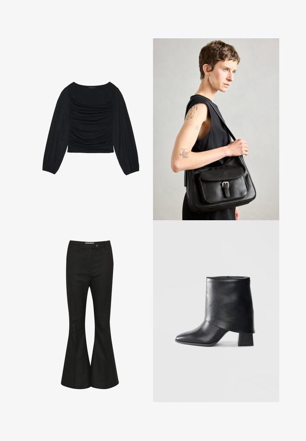 Melna garā piedurkne tops ar savilktām auduma detaļām priekšā un pie plaukstām, izgatavots no mīksta, elastīga materiāla ar laivu kakla izgriezumu.; Melni paplašinātie bikses, kas izgatavotas no gludas auduma, ar augstu vidukli, priekšējo pogu aizdari un elegantu, pielāgotu dizainu.; Melnas ādas potītes zābaki ar norādītu purngalu, gludu tekstūru un strukturētu blokveida papēdi. Iezīmē augstu, salocītu apkakles dizainu.; Melnas ādas pleca soma ar priekšējo atloku, sprādzes detaļu un gludu tekstūru. Iespējota viena pleca siksna un minimālisma dizains.