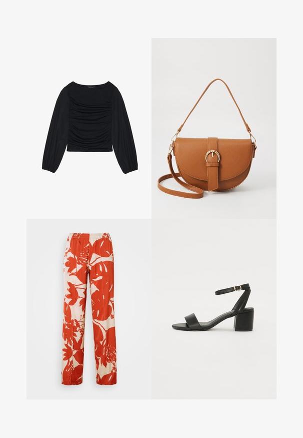 Black long-sleeve top featuring gathered fabric detail at the front and wrists, made of soft, stretchy material with a boat neckline.; Red and cream floral pattern wide-leg pants with an elastic waistband. The fabric has a smooth texture and features large leaf and flower designs.; Black heeled sandal featuring a smooth leather upper, an open toe, wide front straps, and adjustable ankle strap with a gold buckle detail.; Brown leather crossbody bag with a curved shape, gold hardware, and a buckle accent. Features a detachable shoulder strap.