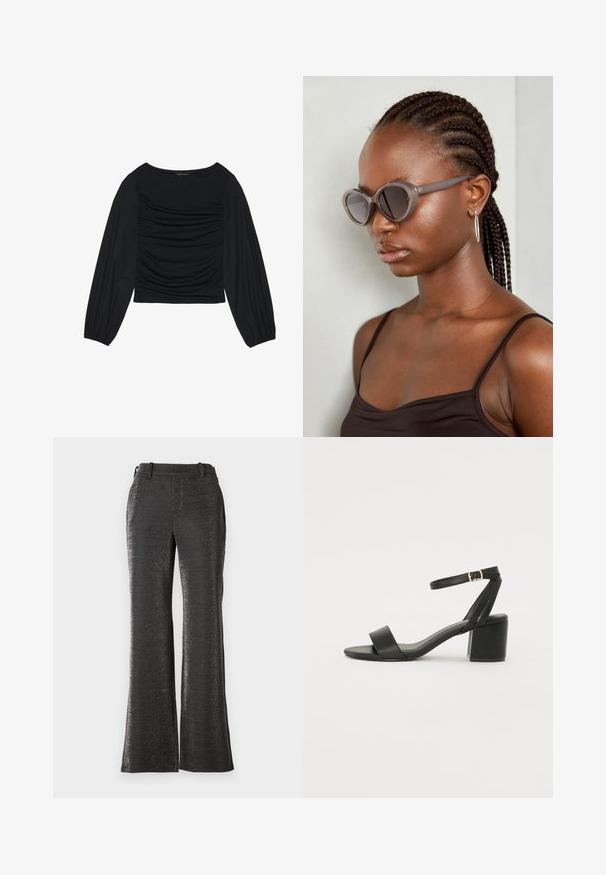 Juodas ilgomis rankovėmis viršus, su surinkta medžiaga priekyje ir ant riešų, pagamintas iš minkštos, elastingos medžiagos, su laivagalio kaklu.; Juodos platėjančios kelnės, pagamintos iš tekstūruoto, blizgaus audinio. Pasirinktos su liemeniu, priekinėmis kišenėmis ir tiesiu kirpimu iki apačios.; Juodos aukštakulnės sandalai su lygiu odiniu viršumi, atvira nosimi, plačiomis priekinėmis dirželiomis ir reguliuojama kulkšnies juosta su auksiniu sagtimi.; Pilki per dideli akiniai suapvalinta forma ir tamsiais lęšiais. Išskirtinės plastikinės rėmo formos glotnus paviršius. Modelis turi nertas plaukus.