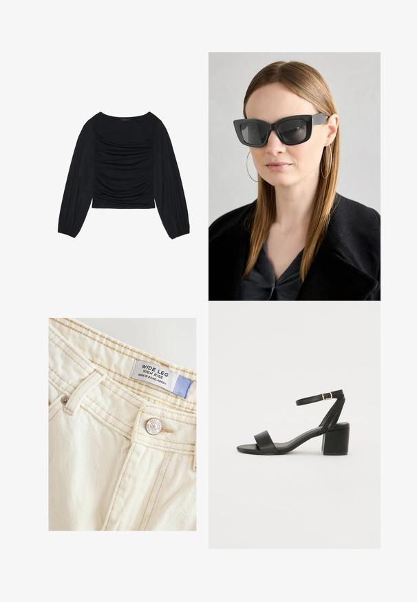 Top nero a maniche lunghe con dettaglio di tessuto arricciato sul davanti e ai polsi, realizzato in materiale morbido ed elasticizzato con scollatura a barca.; Jeans a gamba larga e vita alta realizzati in morbido tessuto bianco sporco. Presentano cuciture cucite e un bottone in metallo con dettagli del marchio e etichetta.; Sandalo nero con tacco alto, caratterizzato da una tomaia in pelle liscia, punta aperta, ampie fasce frontali e cinturino a caviglia regolabile con un dettaglio in fibbia dorata.; Occhiali da sole a forma di occhio di gatto neri con lenti scure, montatura spessa e dettagli sottili. Indossati con un cappotto nero e una maglia grigia, con capelli lunghi e lisci.
