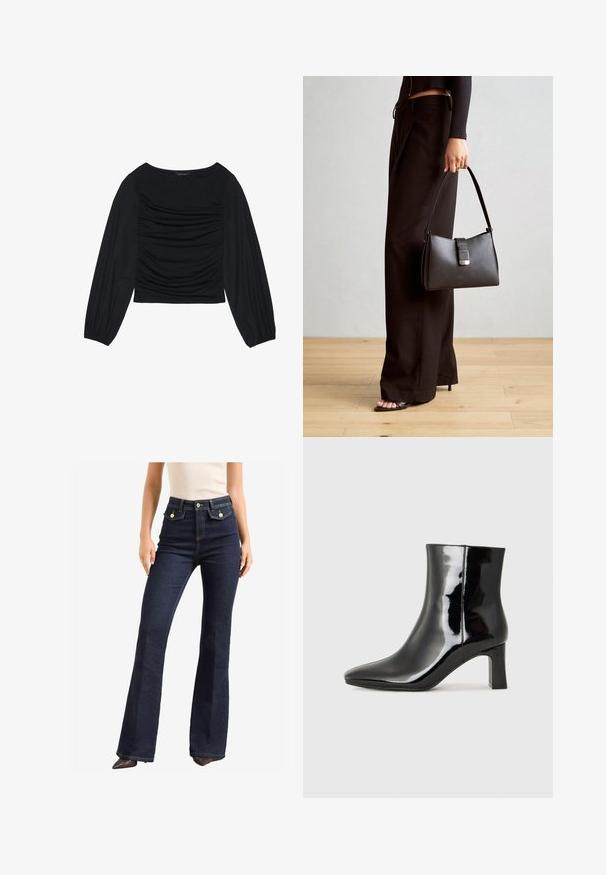 Must mustaga, millel on ees ja randmetel kokku tõmmatud kangadetailid, valmistatud pehmest ja venivast materjalist ning paadi kaelusega.; Tumed sinised, kõrge vöökohaga teksad, millel on flöödid. Omab kahte esip pocketit kuldse riistvaraga ja kontrastsete õmblustega. Sile tekstuur.; Must-sinine nahkjalats musta läikiva viimistlusega, millel on terav nina ja keskmise kõrgusega plokk konts. Sile tekstuur ja minimalistik disain.; Must musta kott, millel on struktureeritud kuju, sile tekstuur ja metallist klamber. Kombineeritud laiate mustade pükstega ja avatud varvaste sandaalidega puidust põrandal.