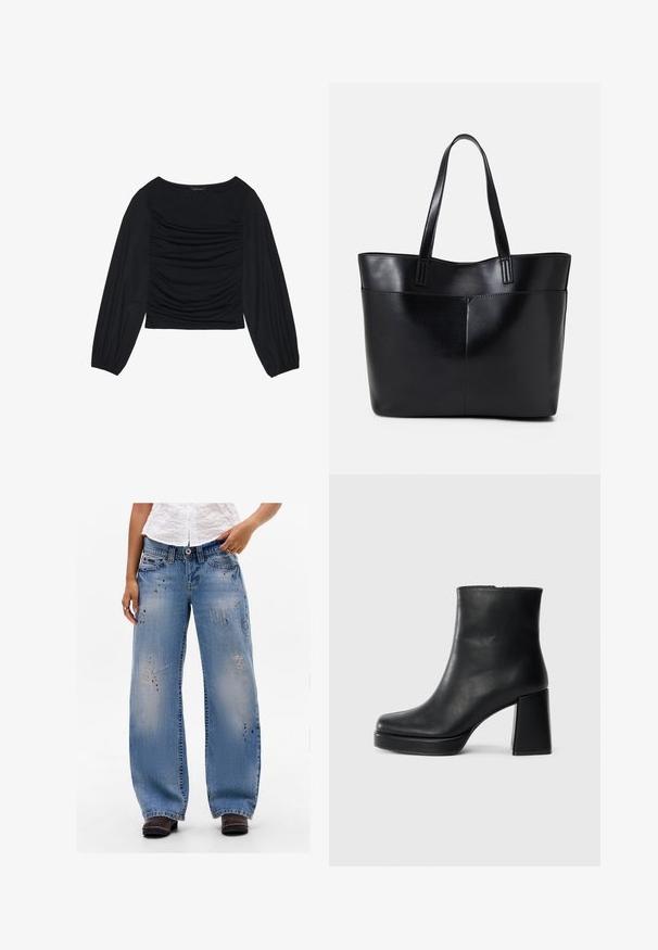 Svart langermet topp med rynket stoffdetalj foran og ved håndleddene, laget av mykt, elastisk materiale med båthals.; Person som har på seg bredbeinede blå jeans med falmede flekker og malingssprut, kombinert med mørkebrune sko og en hvit topp.; Sorte skinnankelsko med blokkhæl og plattformsåle, sett fra siden på en enkel hvit bakgrunn.; Svart lær toteveske med to lange håndtak, en glatt tekstur og en strukturert form. Har en frontlomme for ekstra oppbevaring.