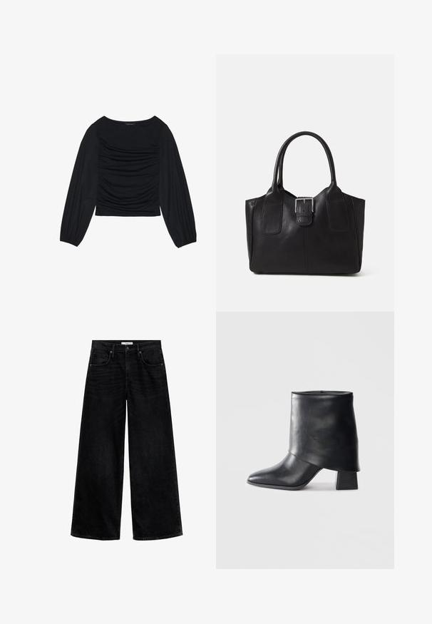 Črn top z dolgimi rokavi, ki se ponaša z nabranimi detajli na sprednji strani in zapestjih. Narejen je iz mehkega, raztegljivega materiala z obliko čolnastega izreza.; Črne široke kavbojke iz denima, z visokim pasom, petimi žepi in čistim, preprostim dizajnom brez okrasnih detajlov.; Črne usnjene gležnjarje z izostrenim prstom, gladko teksturo in trdnimi blokastimi petami. Imajo visok, zložen manšeti.; Črna usnjena torba s gladko teksturo, strukturirano obliko, dvema ročkama in izrazitim srebrnim sponko na sprednji strani.