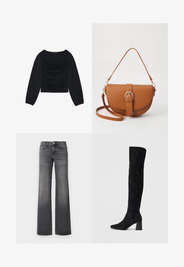 Top lung cu maneci lungi, de culoare neagră, având detalii din material plisat în față și la încheieturi, realizat dintr-un material moale și elastic, cu decolteu tip barcă.; Jeans din denim gri închis cu picior drept, ușor decolorate pe coapse și design standard cu cinci buzunare, pe un fundal alb.; Cizme negre din suede, cu toc bloc, vârf ascuțit și un design neted, fără cusături, pe un fundal deschis.; Geantă din piele maro, tip crossbody, cu o formă curbată, accesorii aurii și un accent cu cataramă. Dispune de un curea de umăr detașabilă.